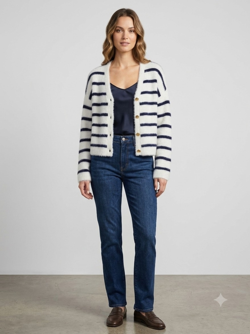 NWT A New Day Cream & Navy Striped Eyelash Knit Fuzzy Cardigan Sweater Small